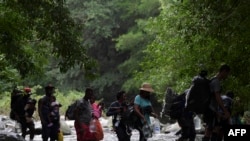 Migrantes haitianos cruzan la selva del Tapón del Darién, cerca de Acandi, departamento de Chocó, Colombia, rumbo a Panamá, en su camino a EE. UU., el 26 de septiembre de 2021. 