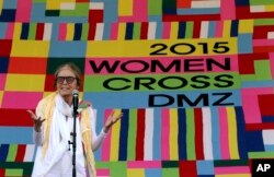 U.S. activist Gloria Steinem speaks during the welcoming ceremony for Women Cross DMZ at Imjingak Pavilion near the border village of Panmunjom in Paju, South Korea, May 24, 2015.