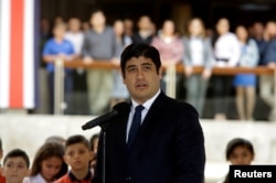 FILE - Newly-elected President Carlos Alvarado Quesada speaks during a welcome ceremony at the presidential house in San Jose, Costa Rica, April 18, 2018.