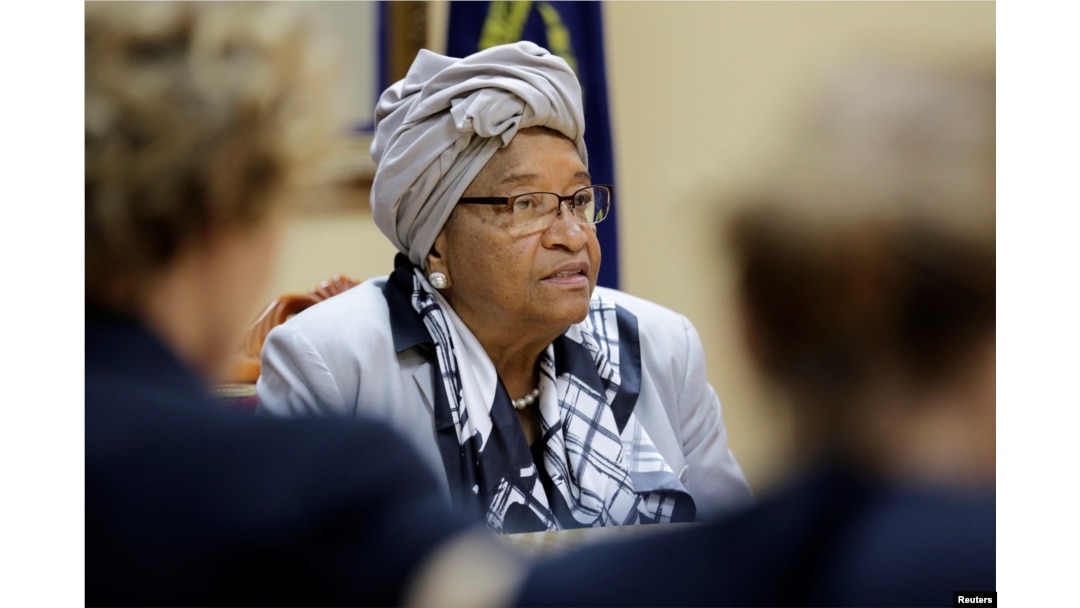 FILE - Liberia's President Ellen Johnson Sirleaf attends a news conference at the Presidential Palace in Monrovia, Liberia, Oct. 12, 2017.