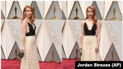 This combination photo shows actress Emma Roberts wearing vintage Armani Prive at the Oscars in Los Angeles. (Photos by Jordan Strauss/Invision/AP, File)
