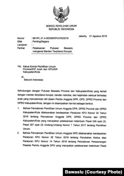 Surat keputusan Bawaslu mengenai mantan terpidana korupsi, hal 1.