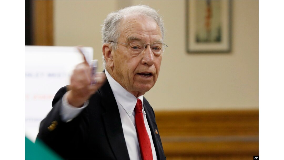 FILE - Sen. Chuck Grassley, R-Iowa, speaks at a town hall meeting in Greenfield, Iowa, June 2, 2017.