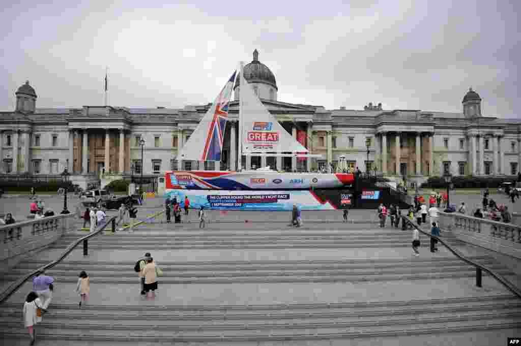 A 70-foot long ocean racing yacht named &#39;Great Britain&#39; is pictured&nbsp; in Trafalgar Square in central London. The yacht will take part in the ninth edition of the Clipper Round the World Yacht Race 2013-14 which leaves London on September 1, 2013, where competitors are expected to travel 40,000 miles.