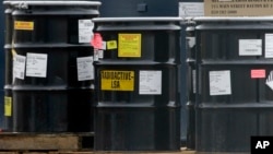 FILE - Drums holding radioactive mixed waste before treatment and disposal are seen at a facility in Clive, Utah, May 6, 2015. Russia has suspended an agreement with the U.S. to convert weapons-grade plutonium into fuel for nuclear power plants.
