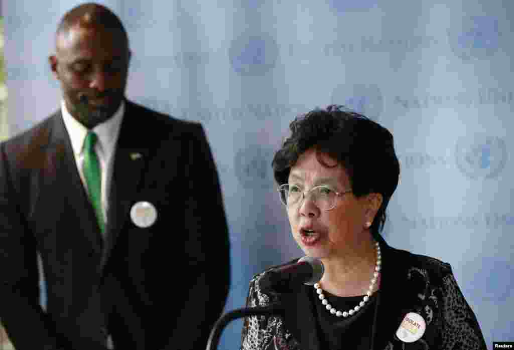 Director-General of the World Health Organization, Margaret Chan and British actor Idris Elba attend a news conference on Ebola at the U.N. headquarters, in New York, Sept. 25, 2014. 