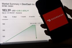 ogo Doordash ditampilkan di layar ponsel di sebelah grafik ringkasan pasar saham NYSE pada 9 Desember 2020 di Arlington, Virginia. (AFP/Ilustrasi)