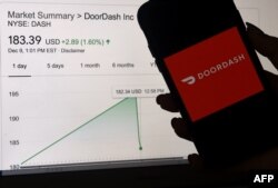 ogo Doordash ditampilkan di layar ponsel di sebelah grafik ringkasan pasar saham NYSE pada 9 Desember 2020 di Arlington, Virginia. (AFP/Ilustrasi)