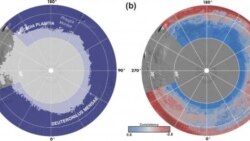 This image, showing two views of the northern hemisphere of Mars, is the result of the study involving researchers at NASA’s Jet Propulsion Laboratory and the Planetary Science Institute in Tucson, Arizona. On the left, the light grey shading shows the no