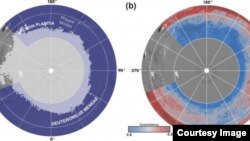 This image, which shows two views of the northern hemisphere of Mars, is the result of a study involving researchers at NASA's Jet Propulsion Laboratory and the Planetary Science Institute in Tucson, Arizona.  On the left, the light gray shade shows the no