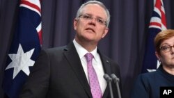 Perdana Menteri Australia Scott Morrison memberikan keterangan kepada media.