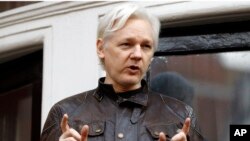 FILE - WikiLeaks founder Julian Assange gestures to supporters outside the Ecuadorian embassy in London, May 19, 2017. 