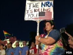 Protesters hold anti-NRA signs, June 12, 2016. (K. Gypson/VOA)