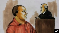 FILE - A 2009 courtroom drawing shows David Coleman Headley, left, pleading not guilty before U.S. District Judge Harry Leinenweber in Chicago to charges that accuse him of conspiring in the deadly 2008 terrorist attacks in Mumbai.