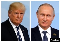 FILE - A combination of two photos shows U.S. President Donald Trump and Russian President Vladimir Putin as they arrive for the G-20 summit in Hamburg, Germany, July 7, 2017.