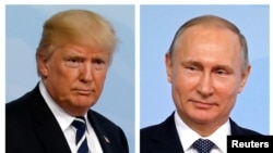 FILE - A combination of two photos shows U.S. President Donald Trump and Russian President Vladimir Putin as they arrive for the G-20 summit in Hamburg, Germany, July 7, 2017.