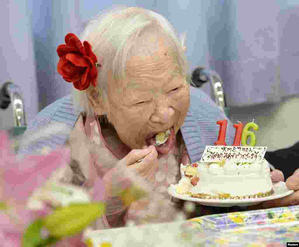 Misao Okawa berkebangsaan Jepang, perempuan tertua di dunia, memakan kue ulang tahunnya ketika merayakan ulang tahunnya yang ke-116 di Osaka, bagian barat Jepang, di foto yang diambil oleh Kyodo.
