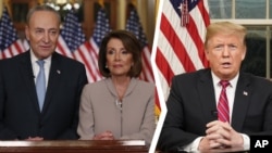 Senate Minority Leader Chuck Schumer, left, Speaker of the House Nancy Pelosi, center, and President Donald Trump are seen in this composite image.