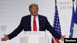 도널드 트럼프 미국 대통령이 26일 G7 정상회담이 열리고 있는 프랑스 비아리츠에서 기자회견을 했다.