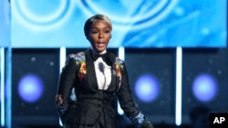 Janelle Monae introduces a performance by Kesha at the 60th annual Grammy Awards at Madison Square Garden on Jan. 28, 2018, in New York.