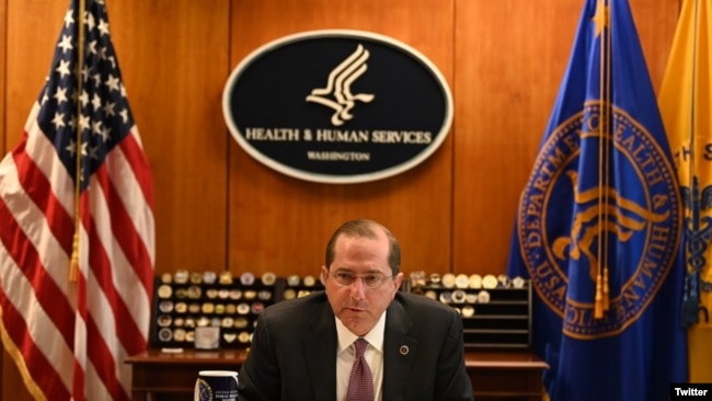美国卫生部长阿扎尔2020年4月27日与台湾卫生福利部部长陈时中通电后讨论新冠肺炎疫情（阿扎尔推特帐号) 