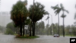 Heavy rains flood the streets in the Coconut Grove area in Miami, Sept. 10, 2017, during Hurricane Irma.