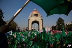 Thousands of farmers and their families wave flags as they fill the square in front of Revolution Monument in Mexico City, Jan. 31, 2017. Rural residents from across the country flooded major boulevards of the capital, calling for, among other things, renegotiation of NAFTA to make it more favorable to small farmers.