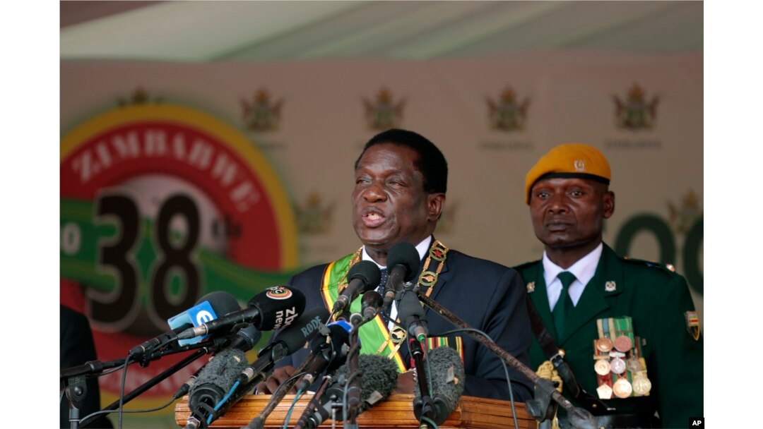 FILE - Zimbabwe's President Emmerson Mnangagwa delivers his speech during the 38th anniversary of Independence celebrations at the National Sports Staduim in Harare, Apr. 18, 2018.