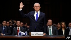 Attorney General Jeff Sessions is sworn in for a hearing before the Senate Judiciary Committee on Capitol Hill in Washington, Oct. 18, 2017. 