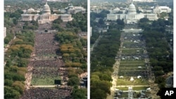 The Oct. 16, 1995 photograph (L) shows the National Mall in Washington and the crowd for the Million Man March. The photograph at right shows the crowd gathered on the National Mall Saturday, Oct. 15, 2005 for the Millions More Movement rally.