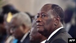 Le président ivoirien Alassane Ouattara lors de la cérémonie des voeux, à Abidjan, le 4 janvier 2018. AFP PHOTO / SIA KAMBOU