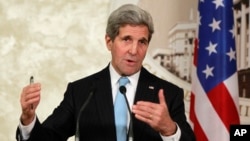 FILE - U.S. Secretary of State John Kerry, shown at a news conference earlier this month, will meet with his Iranian counterpart and European negotiators to discuss a nuclear agreement that could lead to lifting of sanctions on Iran.