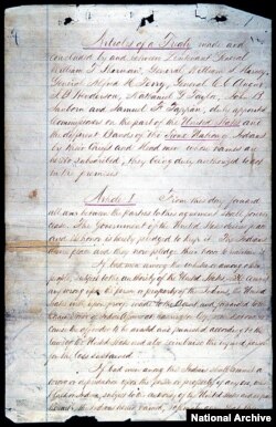 The first page of the Sioux Treaty of 1868, negotiated at Fort Laramie, Wyoming.