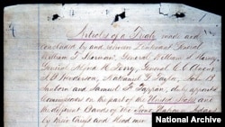 The first page of the Sioux Treaty of 1868, negotiated at Fort Laramie, Wyoming.