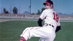 Cleveland Indians pitcher Bob Feller is shown at spring baseball training in 1959.