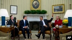 President Barack Obama meets with Peru's President Ollanta Humala at the White House in Washington. June 11, 2013.