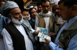 Sejumlah penyedia jasa penukaran uang Afghanistan berkumpul untuk menukarkan mata uang asing di pasar penukaran uang di Herat, 4 Oktober 2012. (Foto: REUTERS/Mohammad Shoib)