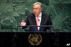 FILE - U.N. Secretary General Antonio Guterres addresses the 73rd session of the United Nations General Assembly, at U.N. headquarters, Sept. 25, 2018.