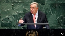 FILE - U.N. Secretary General Antonio Guterres addresses the 73rd session of the United Nations General Assembly, at U.N. headquarters, Sept. 25, 2018.