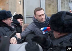 Russian opposition leader Alexei Navalny is detained by police officers in Moscow, Russia, Sunday, Jan. 28, 2018