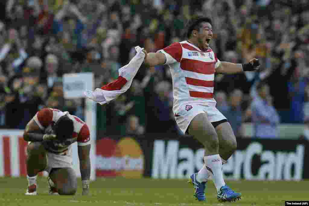 Japan&#39;s Kensuke Hatakeyama celebrates after his team&#39;s stunning victory over South Africa in a pool match in the Rugby World Cup in Brighton, England. Japan&#39;s 34-32 victory in September 2015 over the two-time world champion is arguably the biggest shock in rugby history.