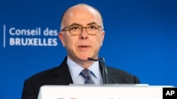 French Interior Minister Bernard Cazeneuve addresses the media during an extraordinary meeting of EU interior and justice ministers at the EU Council building in Brussels, Belgium, March 24, 2016. 