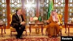 U.S. Secretary of State Mike Pompeo meets with Saudi Foreign Minister Adel Al-Jubeir in Riyadh, Saudi Arabia, April 28, 2018.