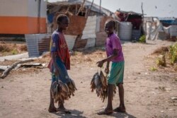 De jeunes garçons tiennent des paquets de petits poissons à Wau Shilluk, dans l'État du Nil supérieur, au Sud-Soudan, ce jeudi 23 décembre 2021.