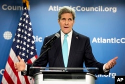 Secretary of State John Kerry speaks about climate change to the Atlantic Council in Washington, March 12, 2015.