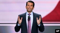 FILE - Donald Trump Jr., son of Republican presidential candidate Donald Trump, speaks at the Republican National Convention in Cleveland, July 19, 2016.