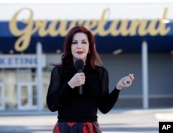 Priscilla Presley, former wife of Elvis Presley, speaks during the grand opening of the "Elvis Presley's Memphis" complex in Memphis, Tennessee, March 2, 2017.