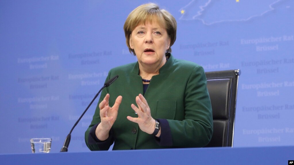 German Chancellor Angela Merkel speaks during a media conference at the end of an EU summit in Brussels, March 10, 2017. EU leaders are debating the future of their bloc.