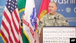Stephen R. Lanza, Commanding Lt. Gen. for I Corps, addresses the Washington State Service Member for Life Transition Summit, Oct. 21, 2014. Lanza, who leads several international military exercises in the Pacific, said the U.S. military is prepared to change next year's joint exercises with the Philippines. 