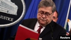 FILE - U.S. Attorney General William Barr departs after speaking at a news conference to discuss special counsel Robert Mueller's report on Russian interference in the 2016 U.S. presidential race, in Washington, April 18, 2019. 
